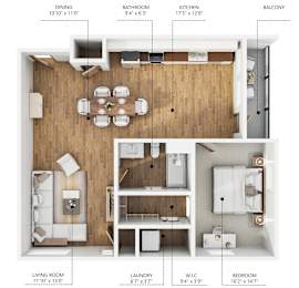 a 1 bedroom floor plan with a wood accent wall