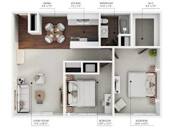 A diagram shows the layout of a living room, dining room, kitchen, bathroom, and three bedrooms with their respective dimensions.