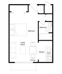 A floor plan of a small apartment with a living room, dining room, kitchen, and two bedrooms.