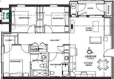 Floor Plan  A floor plan of a unit with three bedrooms, two bathrooms, a living room, a kitchen, a dining room, and a patio.