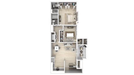 A floor plan of a house with a kitchen, living room, and two bedrooms.