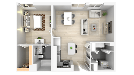 A 3D floor plan of a small apartment with a kitchen, living room, and bedroom.