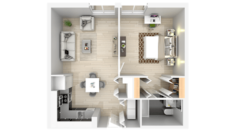 A top-down view of a well-organized apartment with a kitchen, living room, and bathroom.