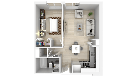 A top-down view of a small apartment with a bedroom, living room, and kitchen area.