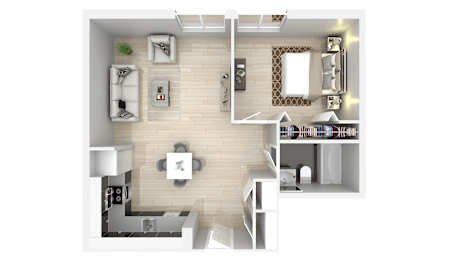 A top-down view of a modern apartment layout with a living room, kitchen, and bedrooms.