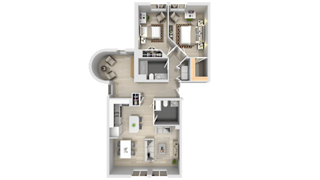 A 3D floor plan of a house with a kitchen, living room, and two bedrooms.