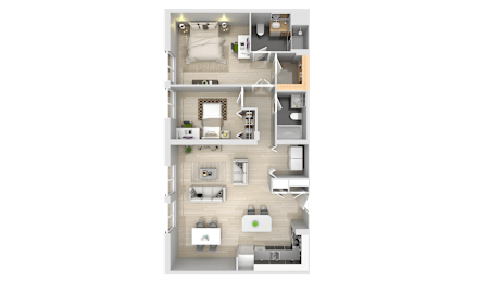 A 3D floor plan of a house with multiple rooms.