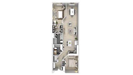 A floor plan of a house with a kitchen, living room, dining room, and two bedrooms.