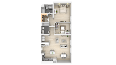A floor plan of a house with a kitchen, living room, and two bedrooms.