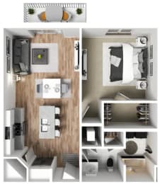 Floor Plan  a 3d rendering of a bedroom with a bathroom and a living room