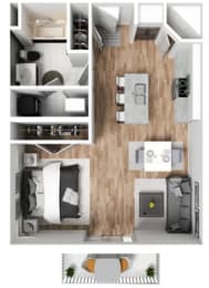 Floor Plan  a stylized rendering of a 1 bedroom floor plan with a bathroom and a kitchen