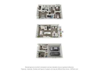 Three images of a house layout with the living room, kitchen, and bedrooms labeled.