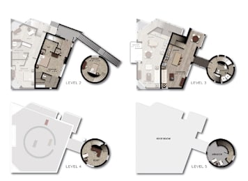 A set of five images showing architectural floor plans for levels 2, 3, 4, and 5.