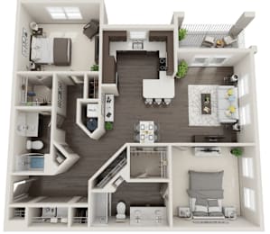 A 3D floor plan of a house with a kitchen, living room, and two bedrooms.