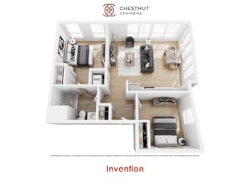 A floor plan of a Chestnut Commons apartment with a living room, kitchen, and two bedrooms.