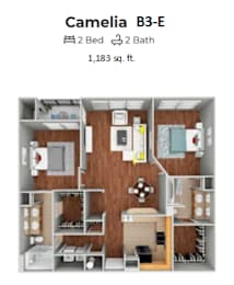 A Camelia B3-E studio apartment with 2 beds and 2 baths is 1,183 square feet.