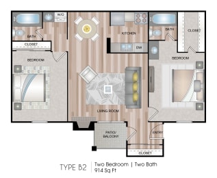 2 bed 2 bath floor plan A