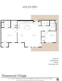 A floor plan for a Rosewood Village unit with a living room, dining room, kitchen, two bedrooms, and a bathroom.