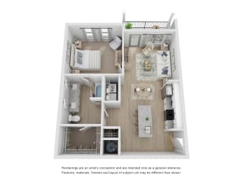 A2 floor plan 1 bed, 1 bath
