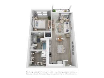 1 Bed 1 Bath 3-D Floorplan