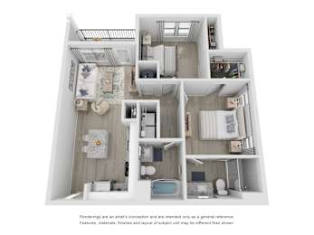 2 Bedroom 2 Bathroom 3-D Floor Plan