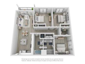 3 Bedroom 2 Bathroom 3-D Floor Plan
