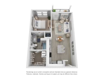 a stylized floor plan with a bedroom and a living room