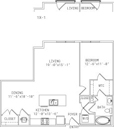 2-A12 1 Bed 1 Bath Floor Plan at Mira Upper Rock, Maryland