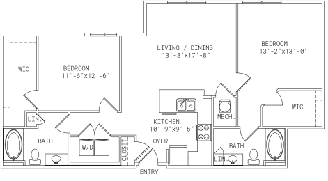 2-B7 2 bedroom 2 bath Floor Plan at Mira Upper Rock, Rockville, MD