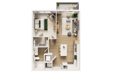 A top-down view of a small, neatly organized apartment.