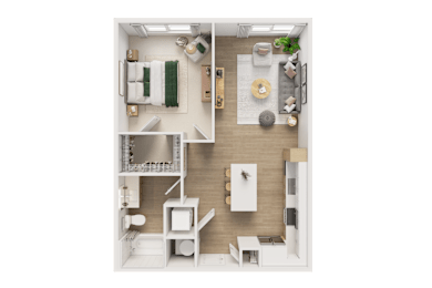 A top-down view of a well-organized, modern bedroom with a green accent.