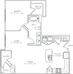 1-A13 1 Bed 1 Bath Floor Plan at Mira Upper Rock, Maryland