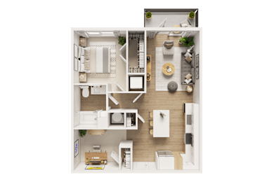 A top-down view of a well-organized apartment with a kitchen, living room, and bathroom.