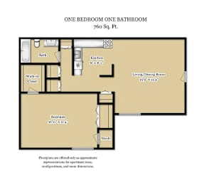 A floor plan of a one bedroom one bathroom apartment.