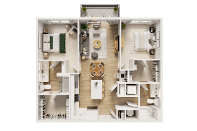 A detailed 3D floor plan of a modern apartment layout.