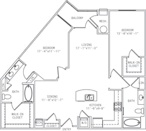 1-B7 2 Bedroom 2 Bathroom Floor Plan at Mira Upper Rock, Maryland