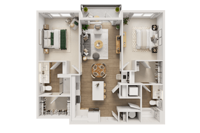 A detailed 3D floor plan of a small apartment layout.