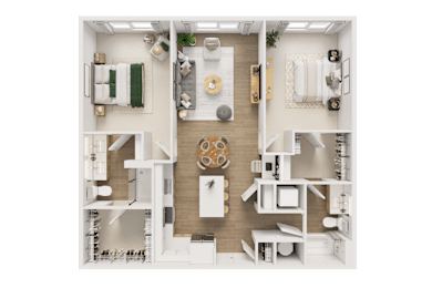 A top-down view of a well-organized apartment with a kitchen, living room, and bedroom.