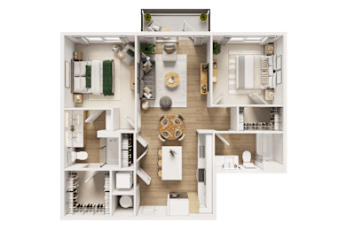 A detailed 3D floor plan of a modern apartment layout.