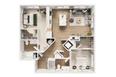 A detailed floor plan of a two-bedroom apartment with a kitchen, living room, and bathroom.