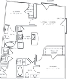 1-B3 2 Bedroom 2 Bathroom Floor Plan at Mira Upper Rock, Maryland, 20850