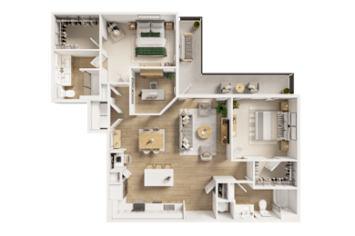 A detailed 3D floor plan of a house layout.