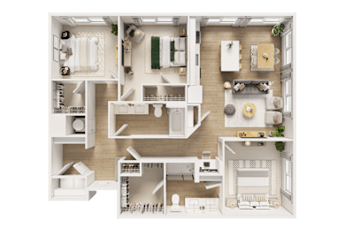 A detailed 3D floor plan of a modern apartment layout.