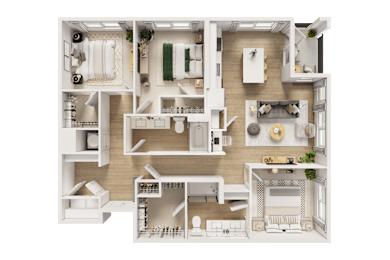 A detailed 3D floor plan of a modern apartment.