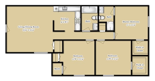 A floor plan of a house with a living/dining room, kitchen, two bathrooms, two bedrooms, a master bedroom, and a mech.