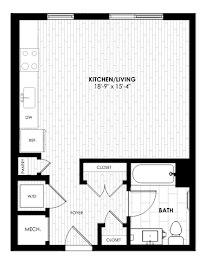 A black and white image of a floor plan for a kitchen/living room.