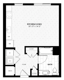 A black and white floor plan of a kitchen/living room.