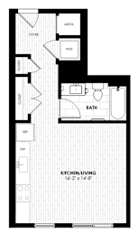 A black and white image of a floor plan for a kitchen/living room.