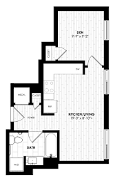 A black and white image of a floor plan for a kitchen/living room, bathroom, and den.