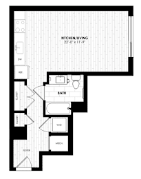 A floor plan of a kitchen/living area with a bath and a powder room.